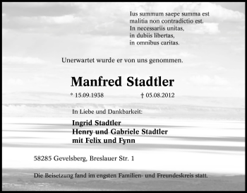 Traueranzeige von Manfred Stadtler von Tageszeitung
