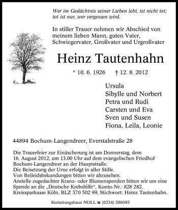 Traueranzeige von Heinz Tautenhahn von Tageszeitung