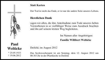 Traueranzeige von Paul Welticke von Tageszeitung