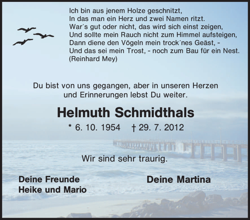 Traueranzeige für Helmuth Schmidthals vom 02.08.2012 aus Tageszeitung