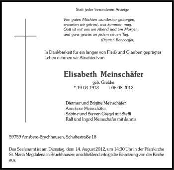 Traueranzeige von Elisabeth Meinschäfer von Tageszeitung