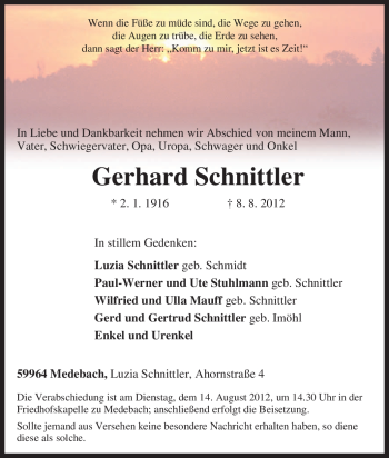 Traueranzeige von Gerhard Schnittler von Tageszeitung