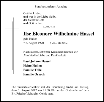 Traueranzeige von Ilse Eleonore Wilhelmine Hassel von Tageszeitung