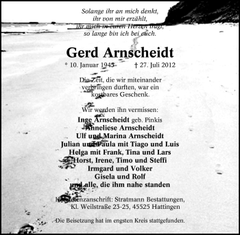 Traueranzeige von Gerd Arnscheidt von Tageszeitung