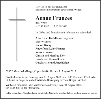 Traueranzeige von Aenne Franzes von Tageszeitung