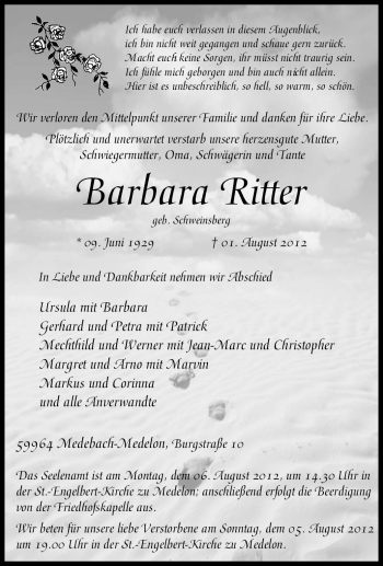Traueranzeige von Barbara Ritter von Tageszeitung