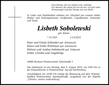 Traueranzeige von Lisbeth Sobolewski von Tageszeitung