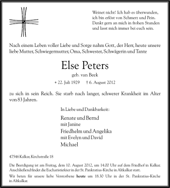 Traueranzeige von Else Peters von Tageszeitung