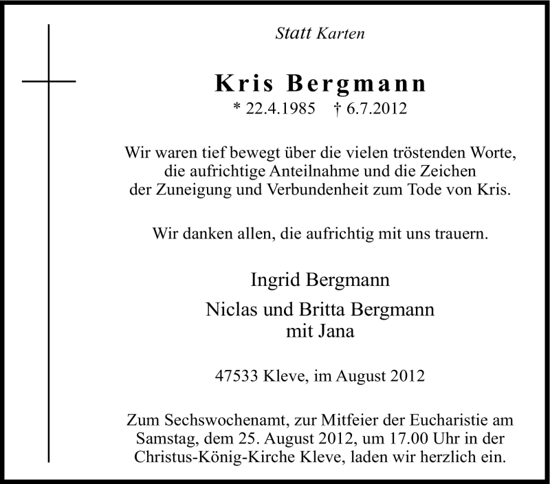  Traueranzeige für Kris Bergmann vom 22.08.2012 aus Tageszeitung