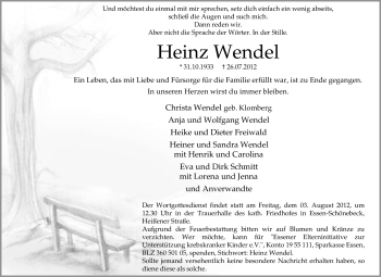 Traueranzeige von Heinz Wendel von Tageszeitung