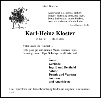 Traueranzeige von Karl-Heinz Kloster von Tageszeitung