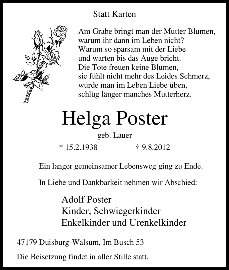  Traueranzeige für Helga Poster vom 11.08.2012 aus Tageszeitung