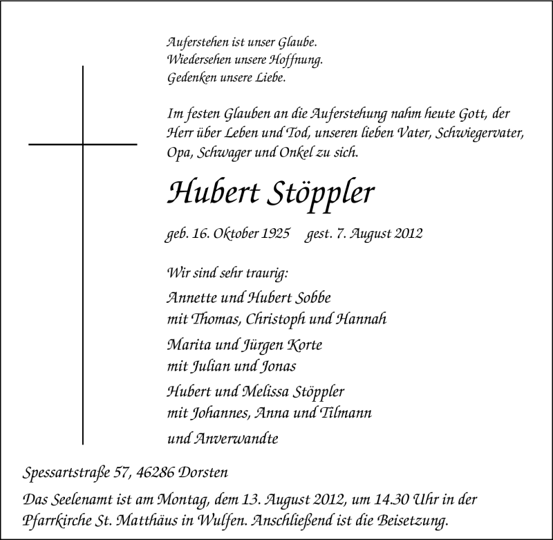  Traueranzeige für Hubert Stöppler vom 09.08.2012 aus Tageszeitung