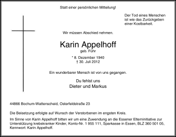 Traueranzeige von Karin Appelhoff von Tageszeitung