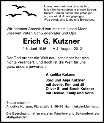 Traueranzeige von Erich G. Kutzner von Tageszeitung