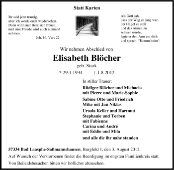 Traueranzeige von Elisabeth Blöcher von Tageszeitung