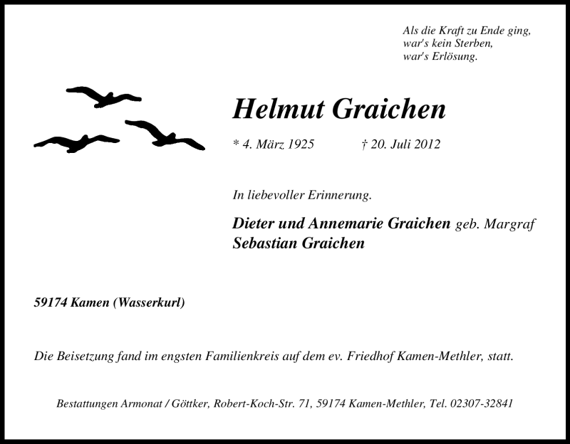  Traueranzeige für Helmut Graichen vom 04.08.2012 aus Tageszeitung