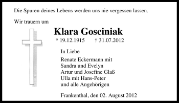 Traueranzeige von Klara Gosciniak von Tageszeitung