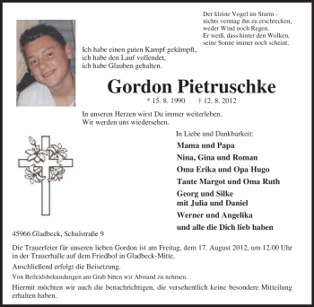 Traueranzeige von Gordon Pietruschke von Tageszeitung