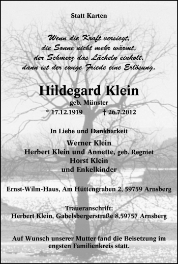 Traueranzeige von Hildegard Klein von Tageszeitung