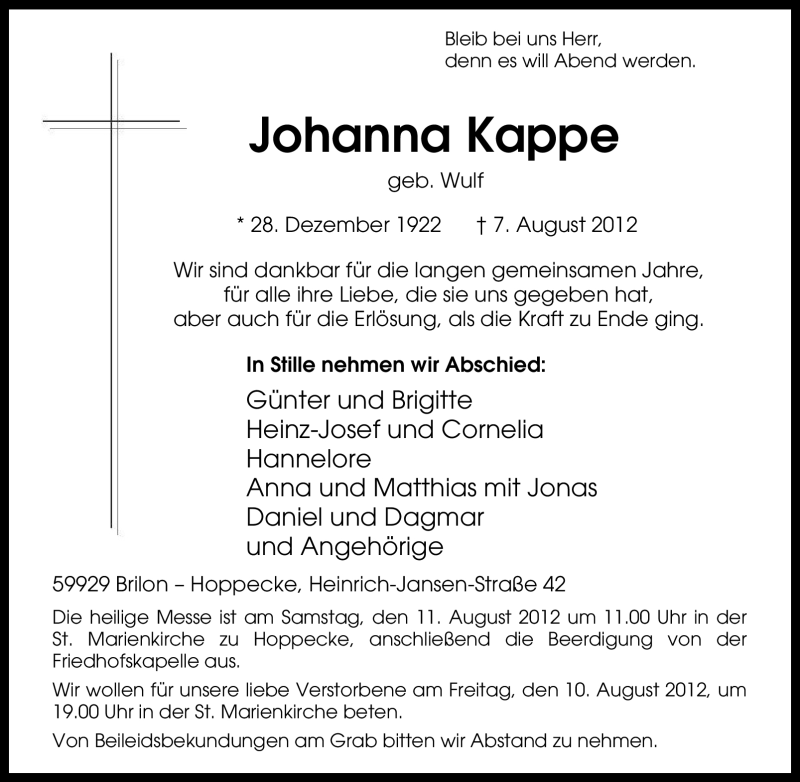  Traueranzeige für Johanna Kappe vom 09.08.2012 aus Tageszeitung