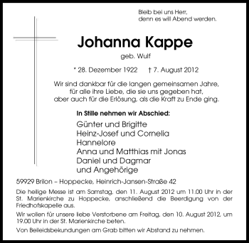 Traueranzeige von Johanna Kappe von Tageszeitung