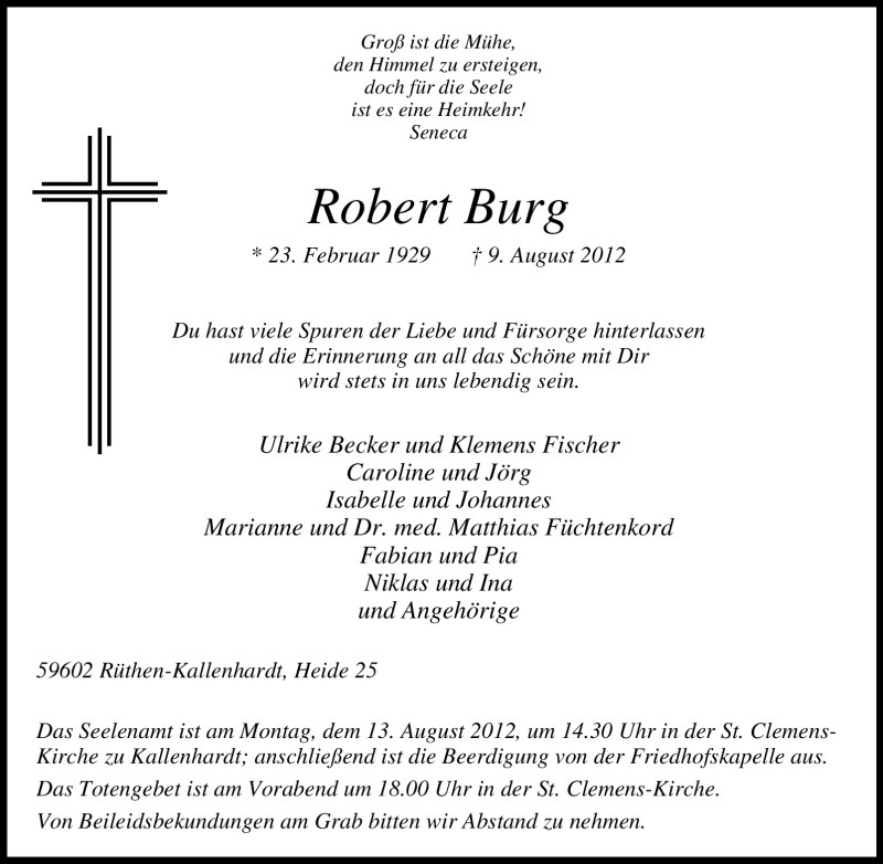  Traueranzeige für Robert Burg vom 11.08.2012 aus Tageszeitung