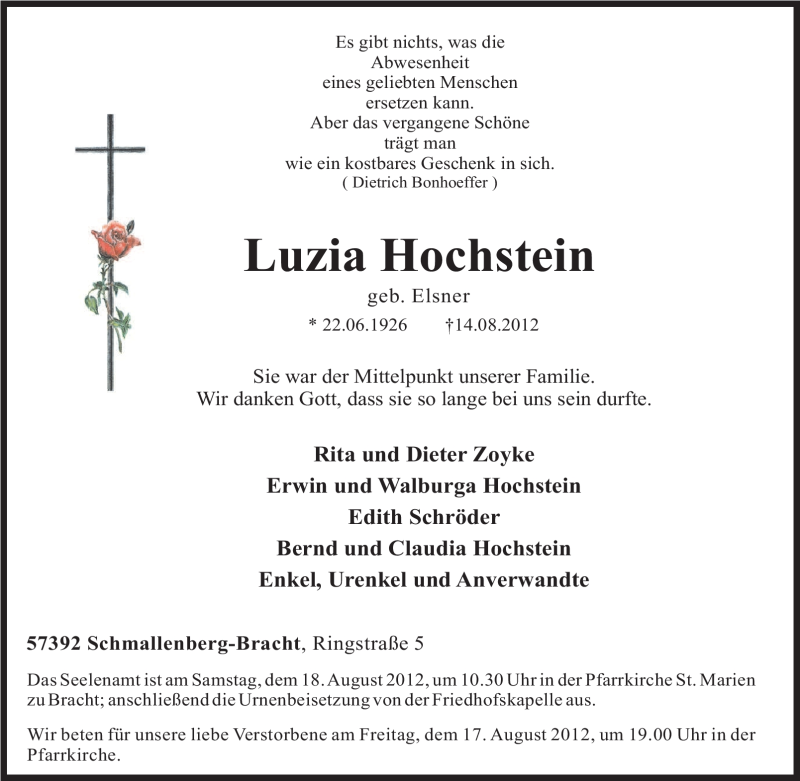  Traueranzeige für Luzia Hochstein vom 16.08.2012 aus Tageszeitung