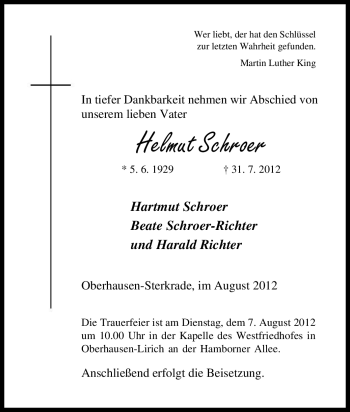 Traueranzeige von Helmut Schroer von Tageszeitung