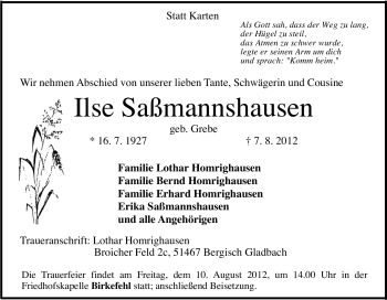 Traueranzeige von Ilse Saßmannshausen von Tageszeitung