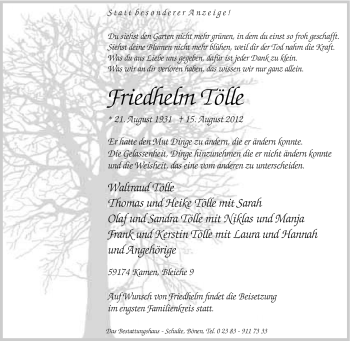 Traueranzeige von Friedhelm Tölle von Tageszeitung