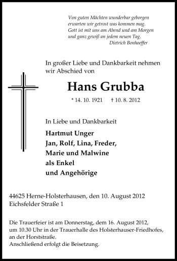 Traueranzeige von Hans Grubba von Tageszeitung