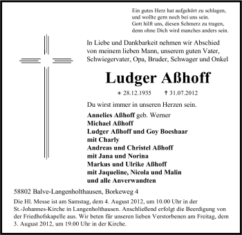 Traueranzeige von Ludger Aßhoff von Tageszeitung
