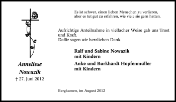 Traueranzeige von Anneliese Nowazik von Tageszeitung