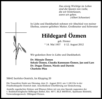 Traueranzeige von Hildegard Özmen von Tageszeitung