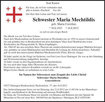 Traueranzeige von Maria Mechtildis von Tageszeitung