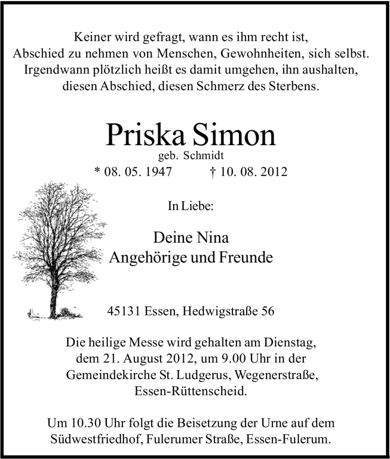  Traueranzeige für Priska Simon vom 18.08.2012 aus Tageszeitung