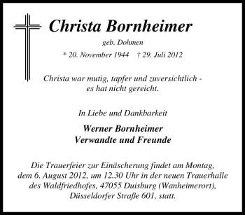 Traueranzeige von Christa Bornheimer von Tageszeitung