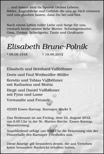 Traueranzeige von Elisabeth Brune-Polnik von Tageszeitung