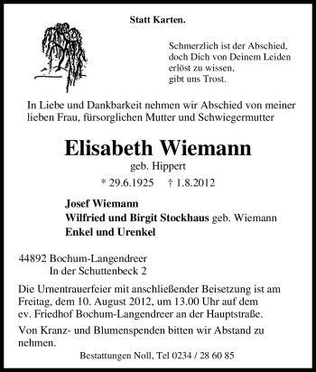 Traueranzeige von Elisabeth Wiemann von Tageszeitung