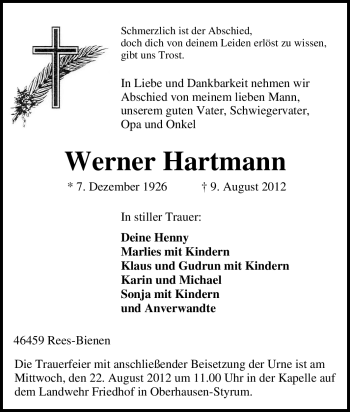 Traueranzeige von Werner Hartmann von Tageszeitung