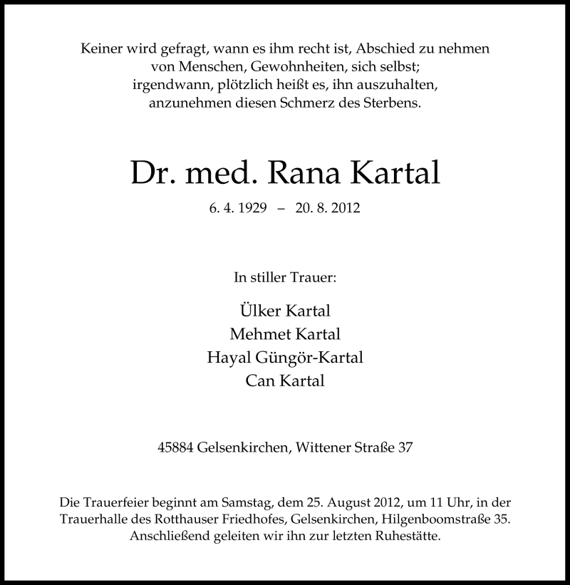  Traueranzeige für Rana Kartal vom 22.08.2012 aus Tageszeitung