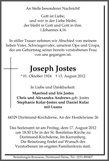 Traueranzeige von Joseph Jostes von Tageszeitung