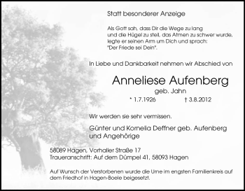 Traueranzeige von Anneliese Aufenberg von Tageszeitung