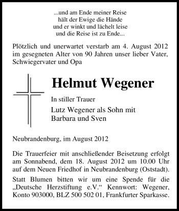 Traueranzeige von Helmut Wegener von Tageszeitung