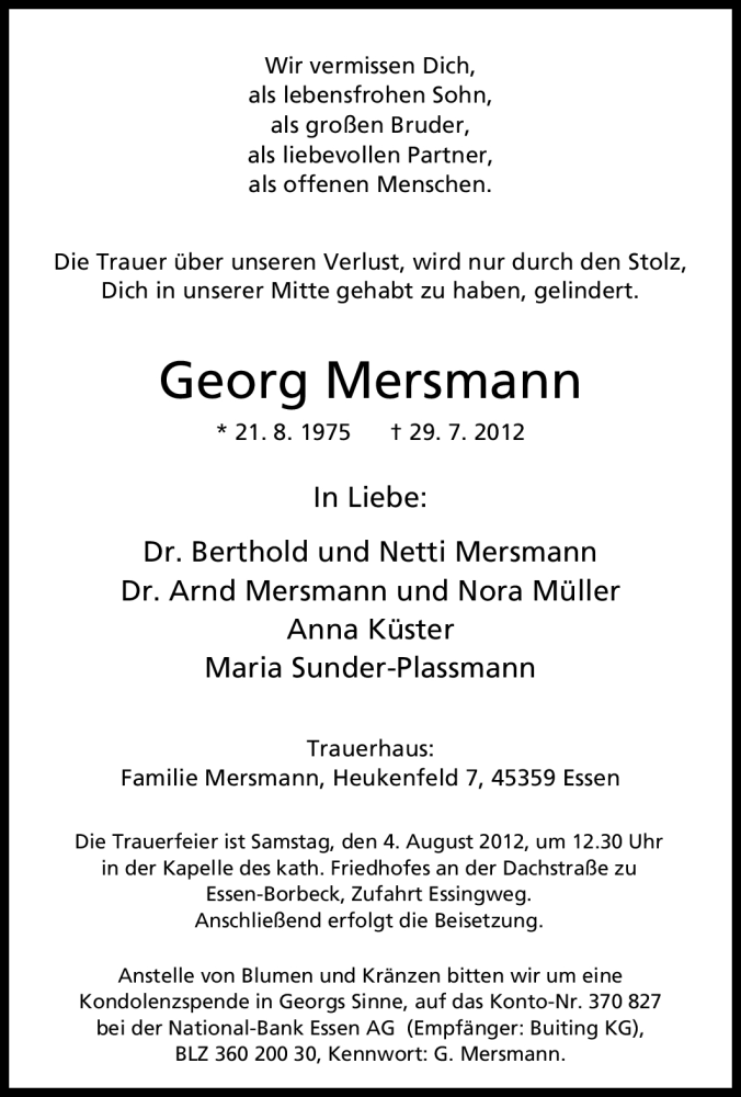  Traueranzeige für Georg Mersmann vom 02.08.2012 aus Tageszeitung