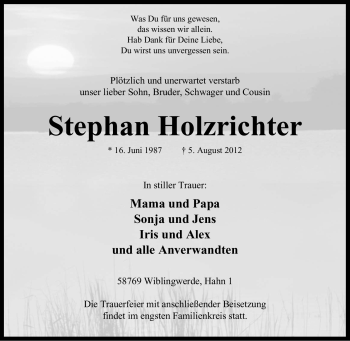 Traueranzeige von Stephan Holzrichter von Tageszeitung