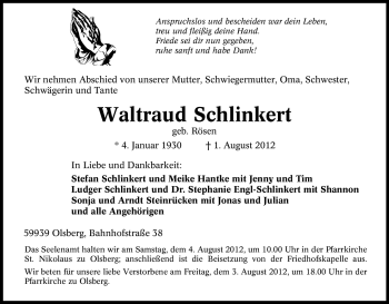 Traueranzeige von Waltraud Schlinkert von Tageszeitung