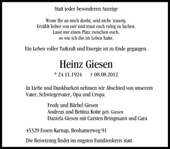 Traueranzeige von Heinz Giesen von Tageszeitung