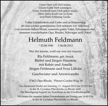 Traueranzeige von Helmuth Feldmann von Tageszeitung
